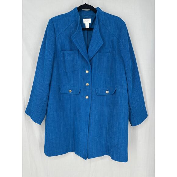 Chicos Jacket Coat Womens XL 3 Blue Peacoat Tweed Long Office Gold Button - Picture 5 of 7